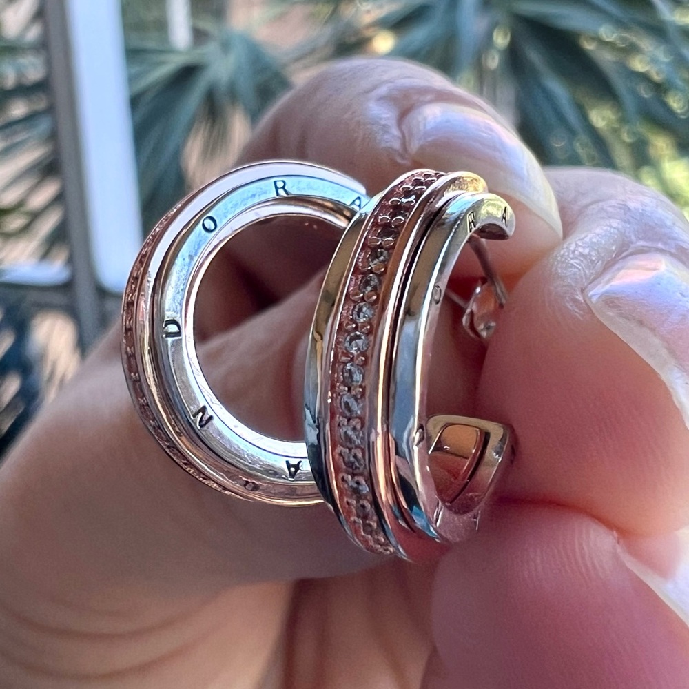 Pandora Logo Two tone & Pavé Hoop Earrings - Picture 5 of 10